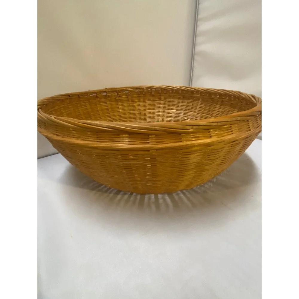 Woven Wicker Basket Large 11in Brown Round Decorative Bowl Coastal Farmhouse